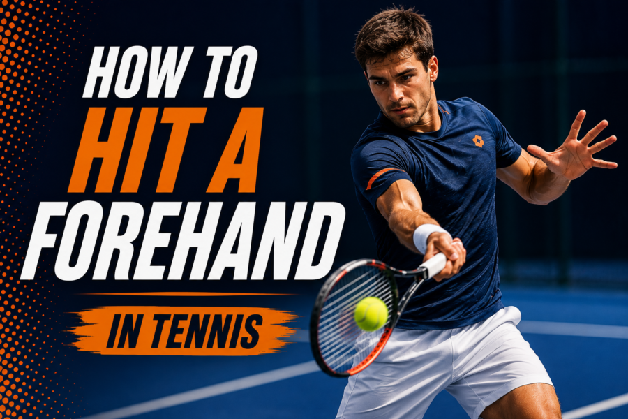 A tennis player hitting a forehand shot