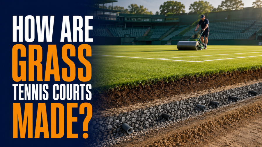 Grass tennis court construction showing turf, soil, gravel and drainage layers