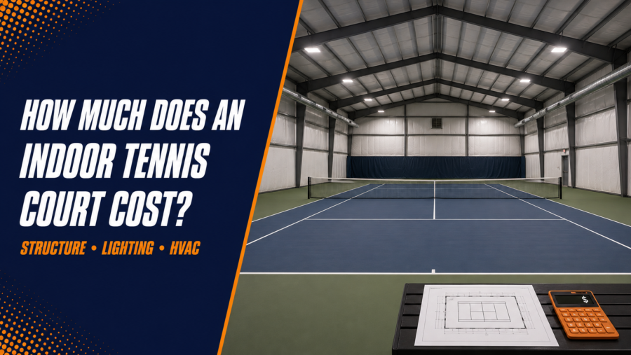 Indoor tennis court inside a clear-span steel building with architectural plans and a cost calculator.