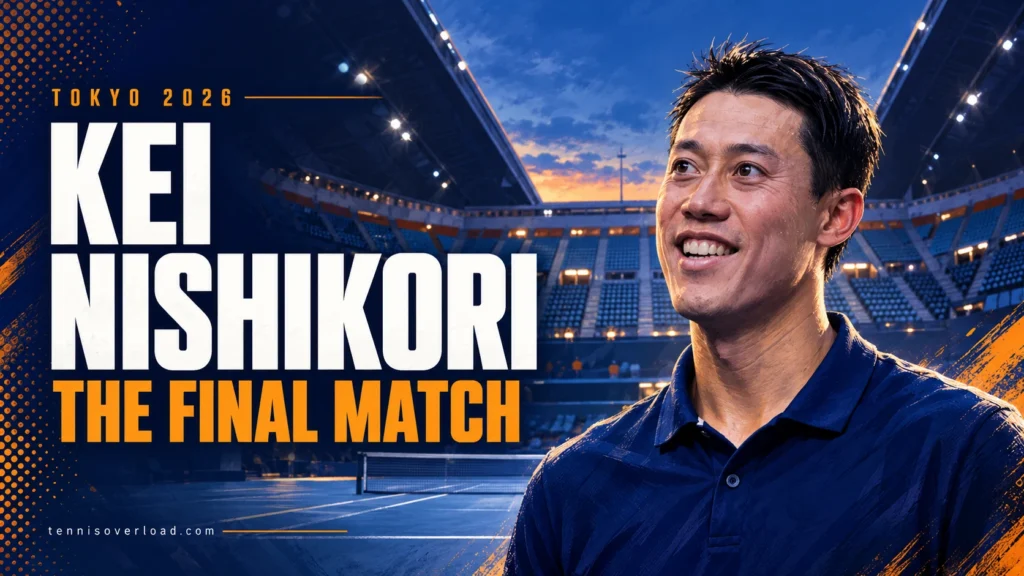 Editorial illustration of Kei Nishikori with Tokyo’s Ariake Coliseum behind him, marking his retirement in 2026.